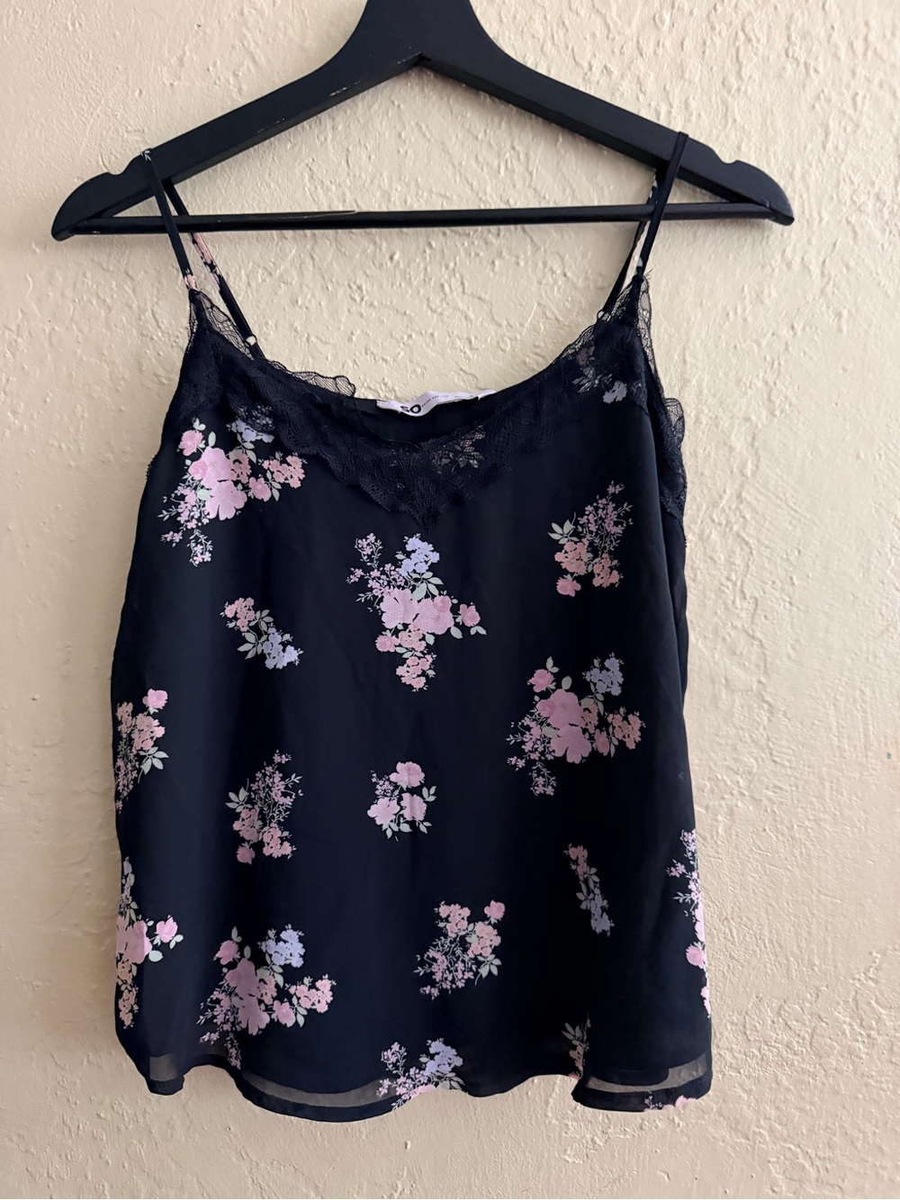 SO Black Floral Lace-Trim Cami with Pink Accents